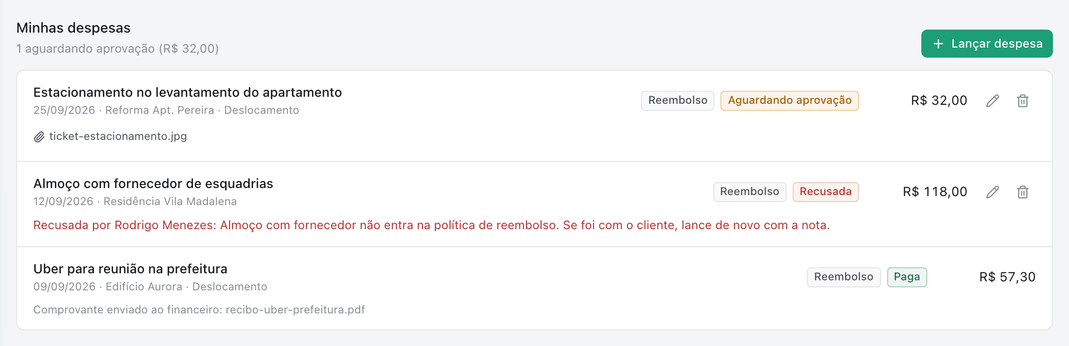 Tela Minhas despesas com três despesas: uma aguardando aprovação com comprovante, uma recusada com o motivo escrito por quem decidiu e uma paga