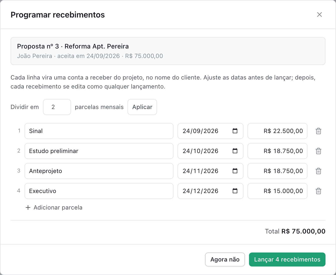 Janela Programar recebimentos com a proposta aceita, quatro parcelas (sinal, estudo preliminar, anteprojeto e executivo) com data e valor editáveis e o total igual ao valor da proposta