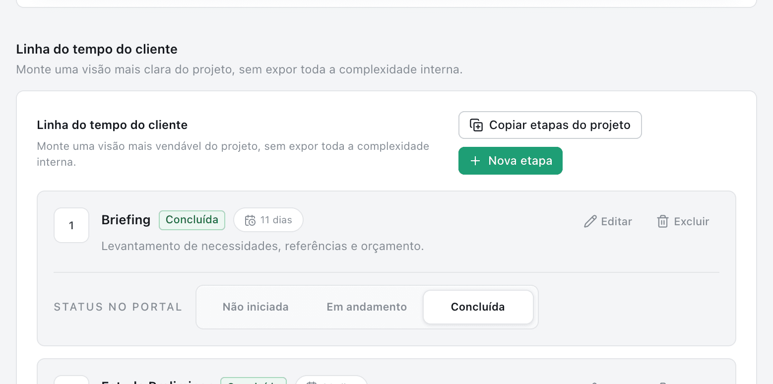 Montagem da linha do tempo do cliente com os botões copiar etapas do projeto e nova etapa, e a etapa Briefing com prazo de 11 dias e situação concluída