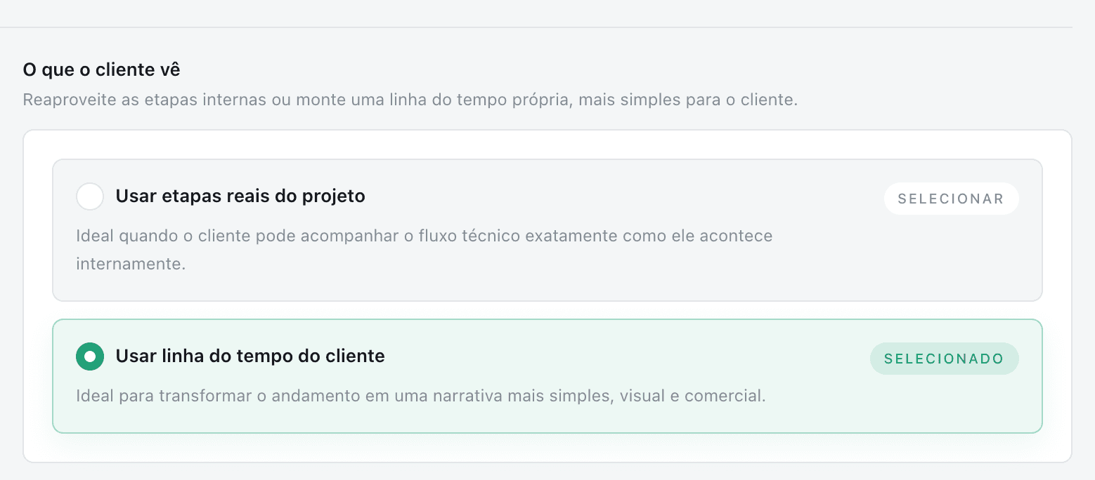 Configuração do portal com duas opções: usar etapas reais do projeto ou usar linha do tempo do cliente, esta última selecionada