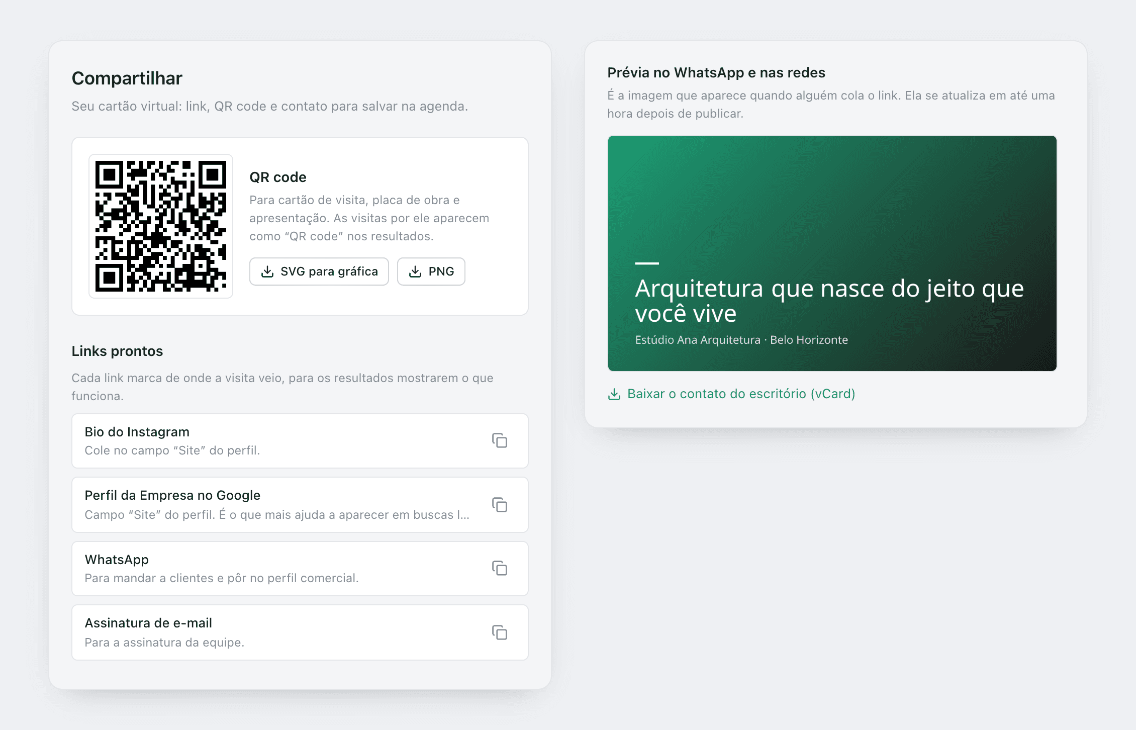 Aba Compartilhar com o QR code para baixar em SVG ou PNG, os links prontos para Instagram, Perfil da Empresa no Google, WhatsApp e assinatura de e-mail, e a prévia do link com a frase da capa do escritório