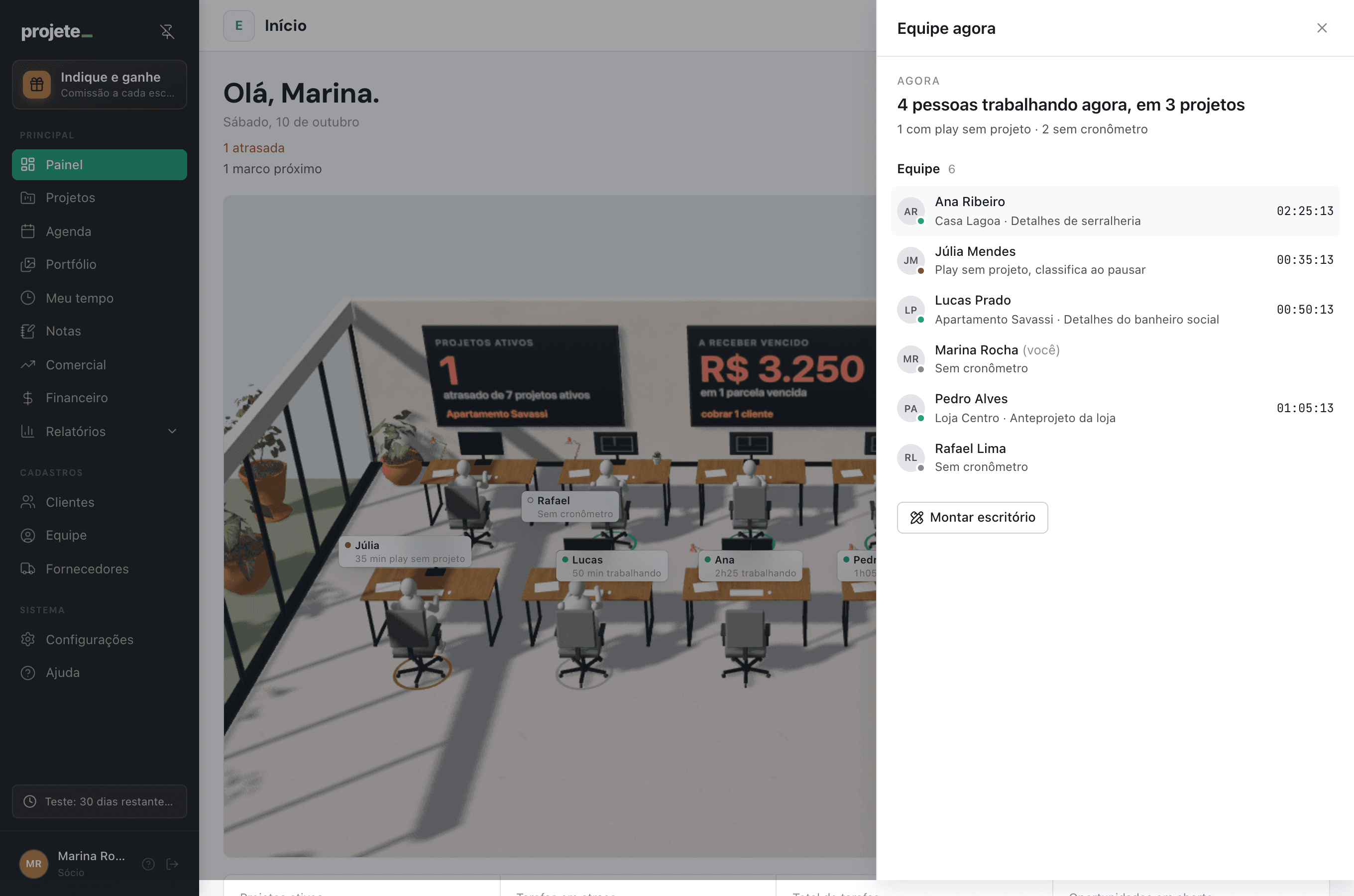 Gaveta Equipe agora sobre o escritório em 3D, com quatro pessoas trabalhando em três projetos, uma com play sem projeto e duas sem cronômetro, cada uma com o projeto, a tarefa e o tempo do cronômetro